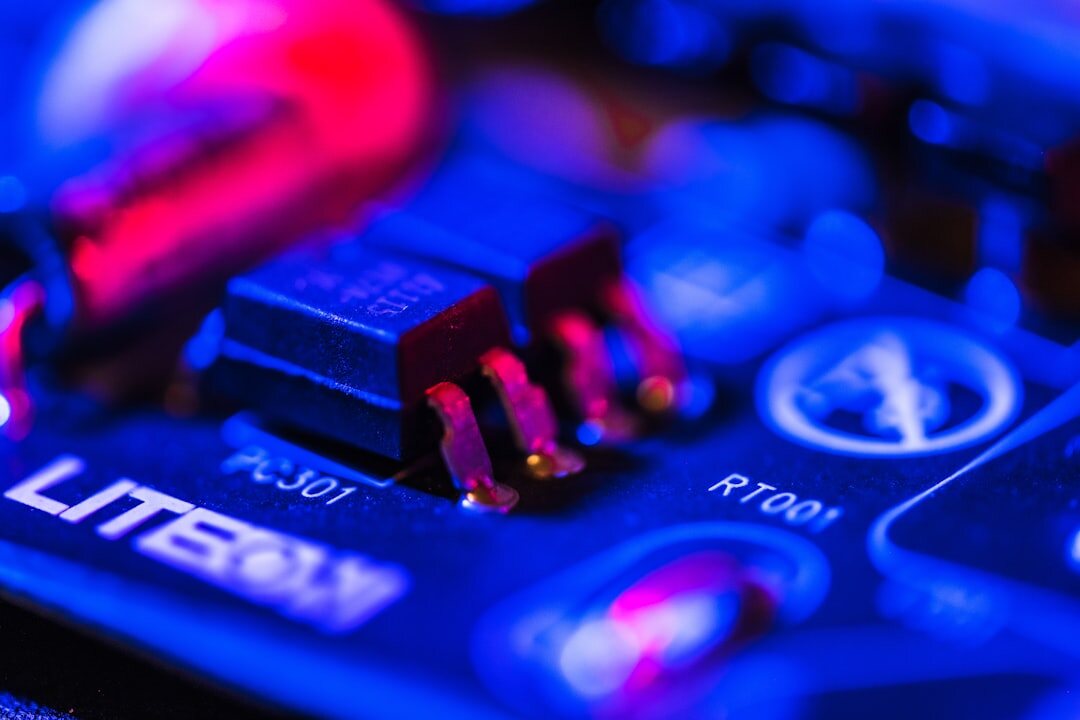 Circuit board with glowing blue lights representing advanced technology